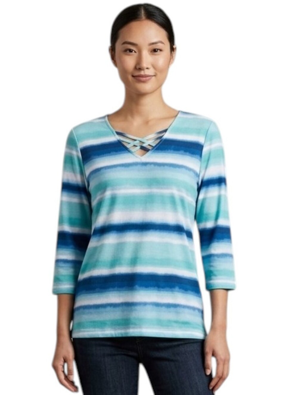 ALLISON DALEY Top Criss Cross V-neck Blue Teal Stretch